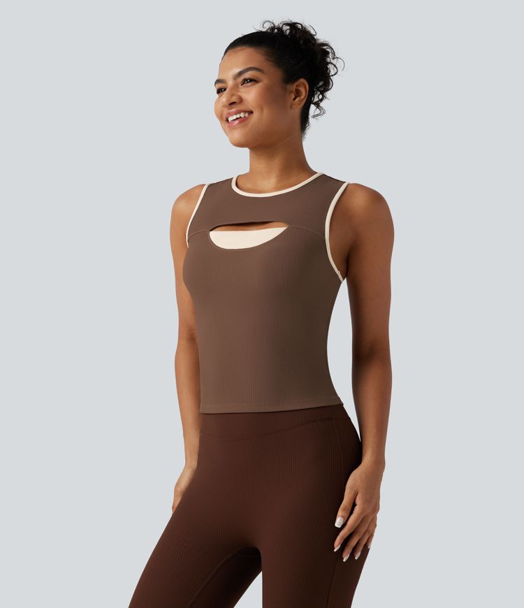Ribbed Round Neck Cut Out Front Color Block Workout Tank Top