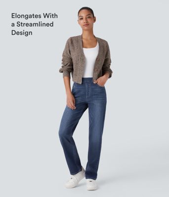 Halara Flex™ High Waisted Pockets Straight Leg Washed Casual Jeans