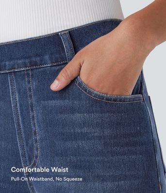 Jeans casuales Halara Flex™ de cintura alta con múltiples bolsillos, pierna recta, lavados, elásticos de punto