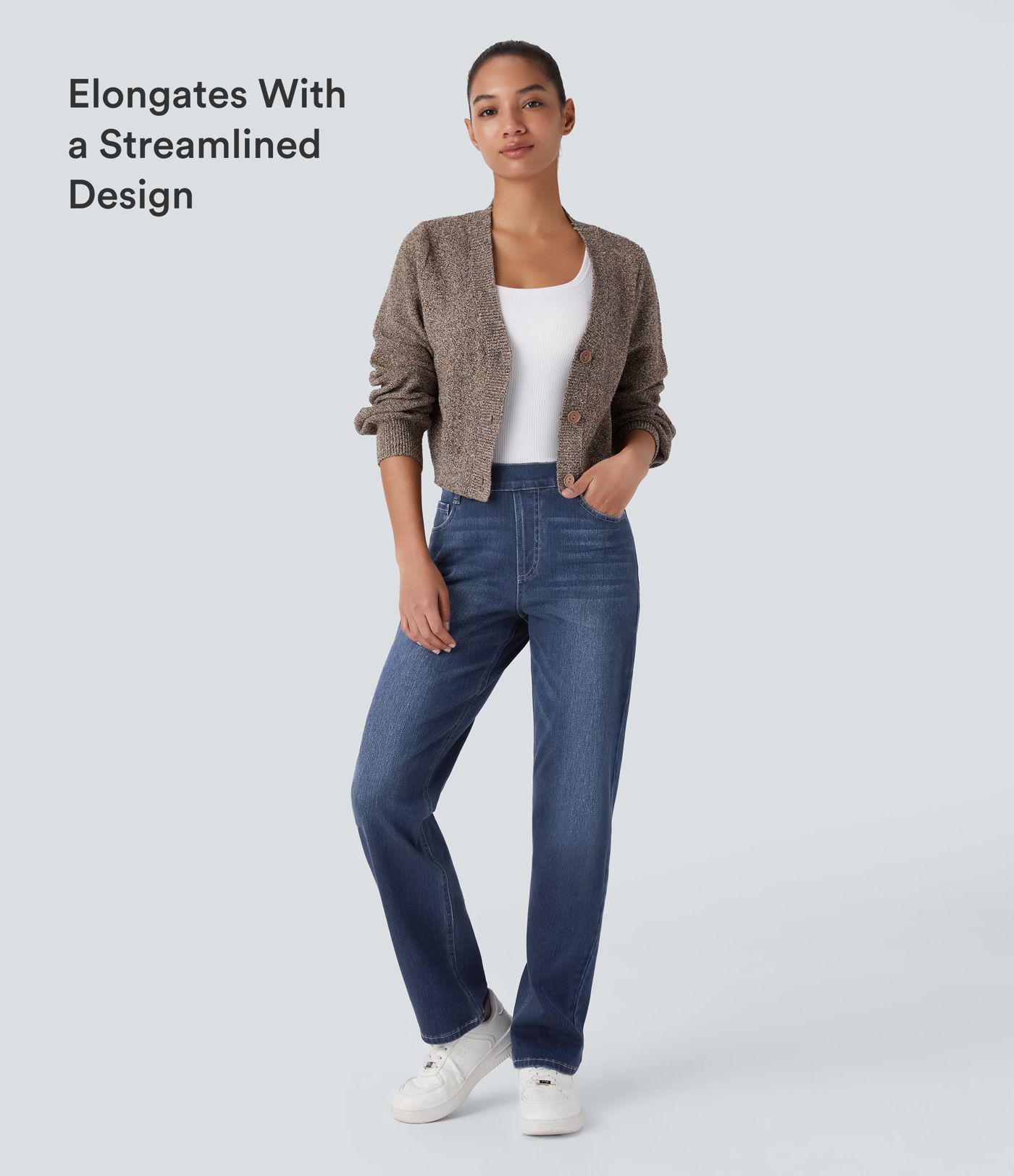 Jeans casuales Halara Flex™ de cintura alta con múltiples bolsillos, pierna recta, lavados, elásticos de punto
