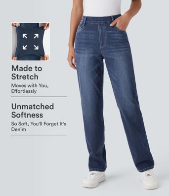 Jeans casuales Halara Flex™ de cintura alta con múltiples bolsillos, pierna recta, lavados, elásticos de punto