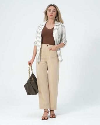 High Waisted Straight Leg Casual Linen-Feel Pants with Pockets