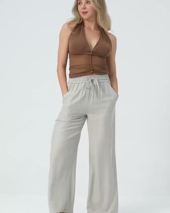 High Waisted Drawstring Wide Leg Casual Linen-Blend Pants with Pockets High Waisted Drawstring Wide Leg Casual Linen-Blend Pants with Pockets