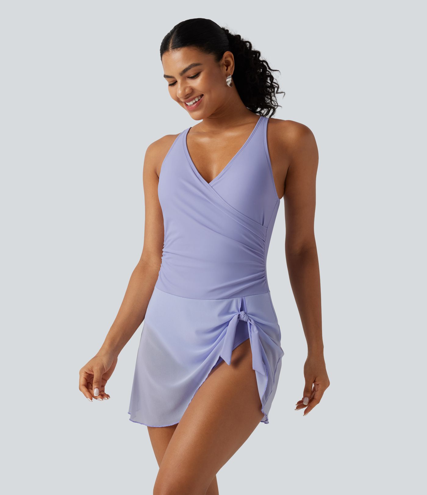 Crossover V Neck Ruched Asymmetric Tie Hem Contrast Mesh 2-in-1 Built-in Bra Tummy Control Swim Dress