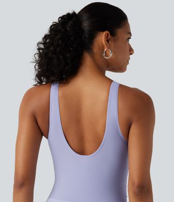 Crossover V Neck Ruched Asymmetric Tie Hem Contrast Mesh 2-in-1 Built-in Bra Tummy Control Swim Dress