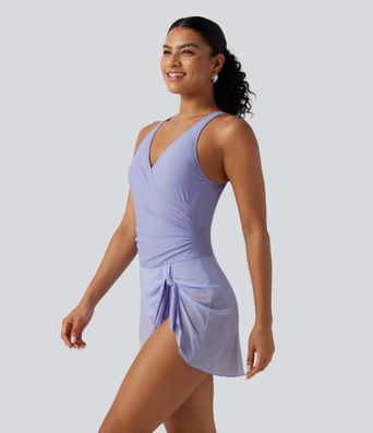 Crossover V Neck Ruched Asymmetric Tie Hem Contrast Mesh 2-in-1 Built-in Bra Tummy Control Swim Dress