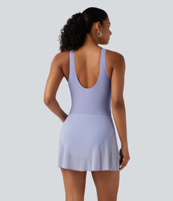 Crossover V Neck Ruched Asymmetric Tie Hem Contrast Mesh 2-in-1 Built-in Bra Tummy Control Swim Dress