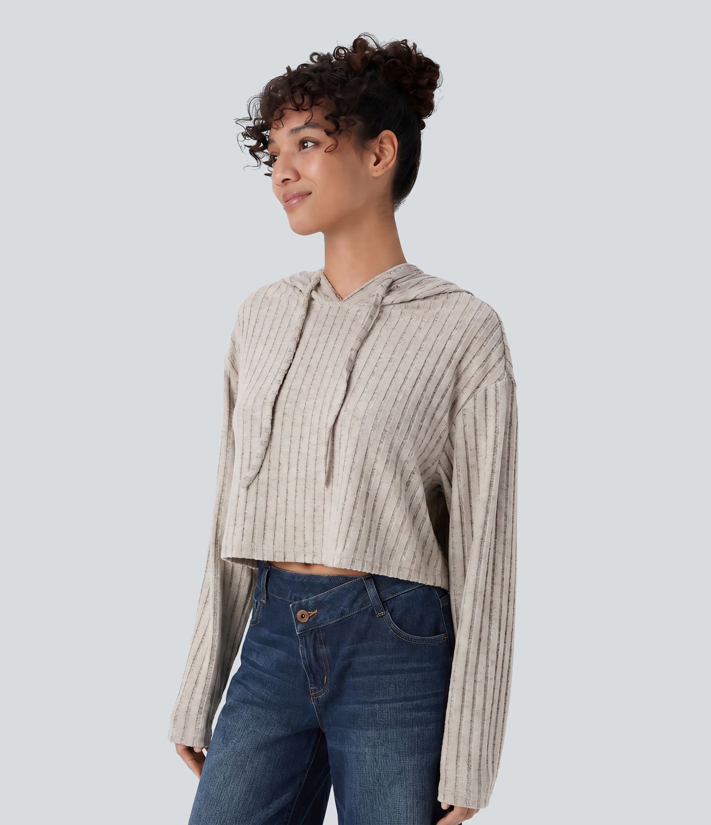 Ribbed Knit Hooded Drawstring Relax Casual Sweatshirt