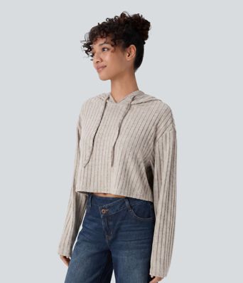 Ribbed Knit Hooded Drawstring Relax Casual Sweatshirt