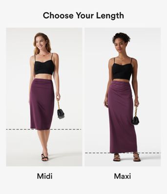 High Waisted Ruched Stretchy Satin-Like Cool Touch Midi Casual Pencil Skirt