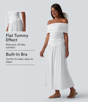 Off-shoulder Tummy Control Ruched Built-in Bra Maxi Flowy Casual Dress A-D Cups Off-shoulder Tummy Control Ruched Built-in Bra Maxi Flowy Casual Dress A-D Cups