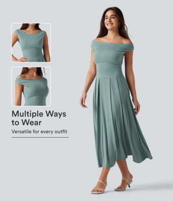 Ribbed Off Shoulder Tummy Control Midi Casual Flowy Dress
