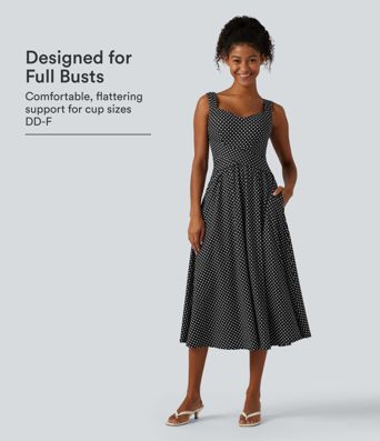 Sleeveless Backless Crossover Built-in Bra Polka Dot Midi Casual Flowy Dress with Pockets DD-F Cups