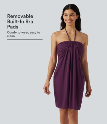Halter Tie Back Built-in Bra Mini Resort Dress with Pockets