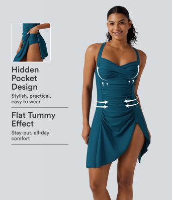 Gerafftes 2-in-1 Badekleid mit Queen-Anne-Ausschnitt, Seitentaschen, Bauchkontrolle, verstellbaren Trägern, integriertem Push-Up BH und geschlitztem Saum