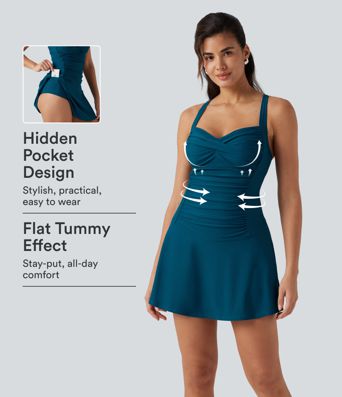 Queen Anne Neck Adjustable Straps Twisted Ruched 2-in-1 Built-in Bra Push-Up Tummy Control Swim Dress with Pockets