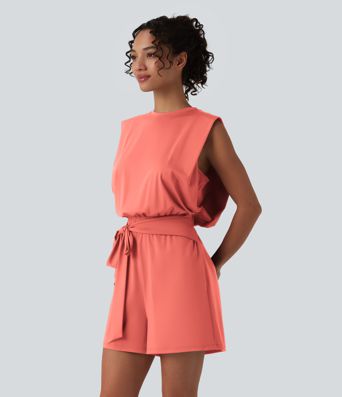 Round Neck Sleeveless Tie-front Cool Touch Casual Romper with Pockets-Easy Peezy-UPF50+