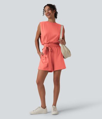 Round Neck Sleeveless Tie-front Cool Touch Casual Romper with Pockets-Easy Peezy-UPF50+