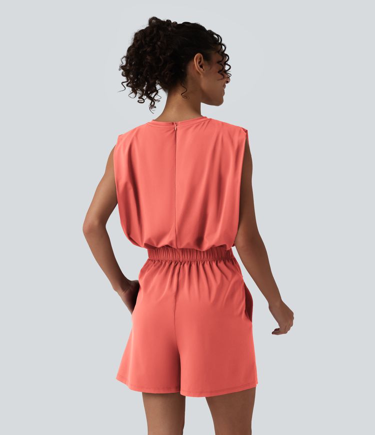 Round Neck Sleeveless Tie-front Cool Touch Casual Romper with Pockets-Easy Peezy-UPF50+