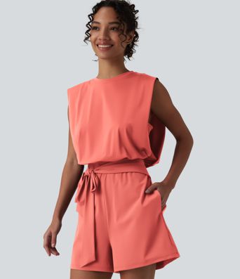 Round Neck Sleeveless Tie-front Cool Touch Casual Romper with Pockets-Easy Peezy-UPF50+
