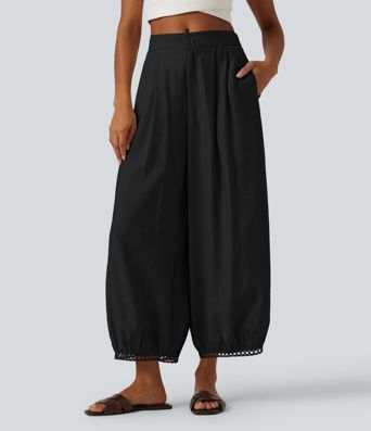 Lässige 7/8-Hose mit mittelhohem Bund, Seitentaschen, Leiterspitze und Barrel-Leg