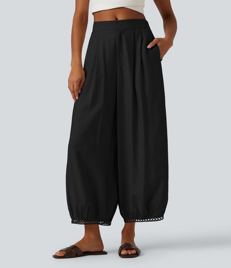 Lässige 7/8-Hose mit mittelhohem Bund, Seitentaschen, Leiterspitze und Barrel-Leg
