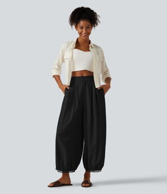 Lässige 7/8-Hose mit mittelhohem Bund, Seitentaschen, Leiterspitze und Barrel-Leg