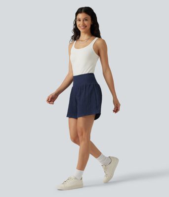 High-waisted 2-in-1 Crinkle Casual Baggy Shorts with Pockets