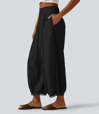 Lässige 7/8-Hose mit mittelhohem Bund, Seitentaschen, Leiterspitze und Barrel-Leg