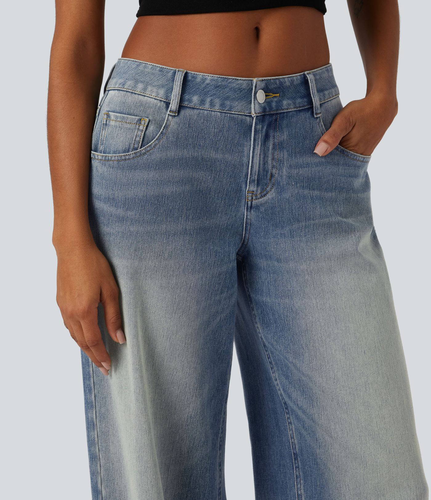Halara Flex™ - Lässige, verwaschene Jeans mit niedrigem Bund, mehreren Taschen und weitem Bein Halara Flex™ - Lässige, verwaschene Jeans mit niedrigem Bund, mehreren Taschen und weitem Bein
