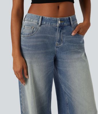 Halara Flex™ - Lässige, verwaschene Jeans mit niedrigem Bund, mehreren Taschen und weitem Bein Halara Flex™ - Lässige, verwaschene Jeans mit niedrigem Bund, mehreren Taschen und weitem Bein