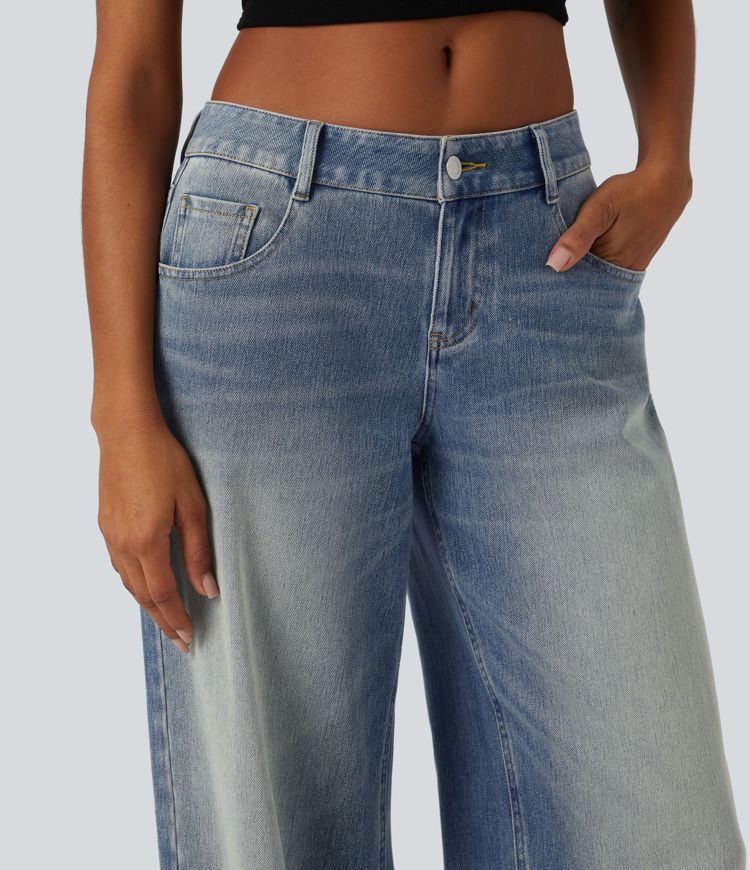 Halara Flex™ - Lässige, verwaschene Jeans mit niedrigem Bund, mehreren Taschen und weitem Bein Halara Flex™ - Lässige, verwaschene Jeans mit niedrigem Bund, mehreren Taschen und weitem Bein