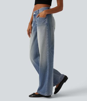 Halara Flex™ - Lässige, verwaschene Jeans mit niedrigem Bund, mehreren Taschen und weitem Bein Halara Flex™ - Lässige, verwaschene Jeans mit niedrigem Bund, mehreren Taschen und weitem Bein