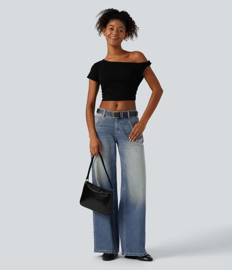 Halara Flex™ - Lässige, verwaschene Jeans mit niedrigem Bund, mehreren Taschen und weitem Bein Halara Flex™ - Lässige, verwaschene Jeans mit niedrigem Bund, mehreren Taschen und weitem Bein