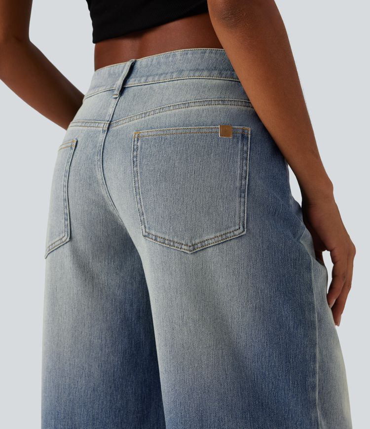 Halara Flex™ - Lässige, verwaschene Jeans mit niedrigem Bund, mehreren Taschen und weitem Bein Halara Flex™ - Lässige, verwaschene Jeans mit niedrigem Bund, mehreren Taschen und weitem Bein