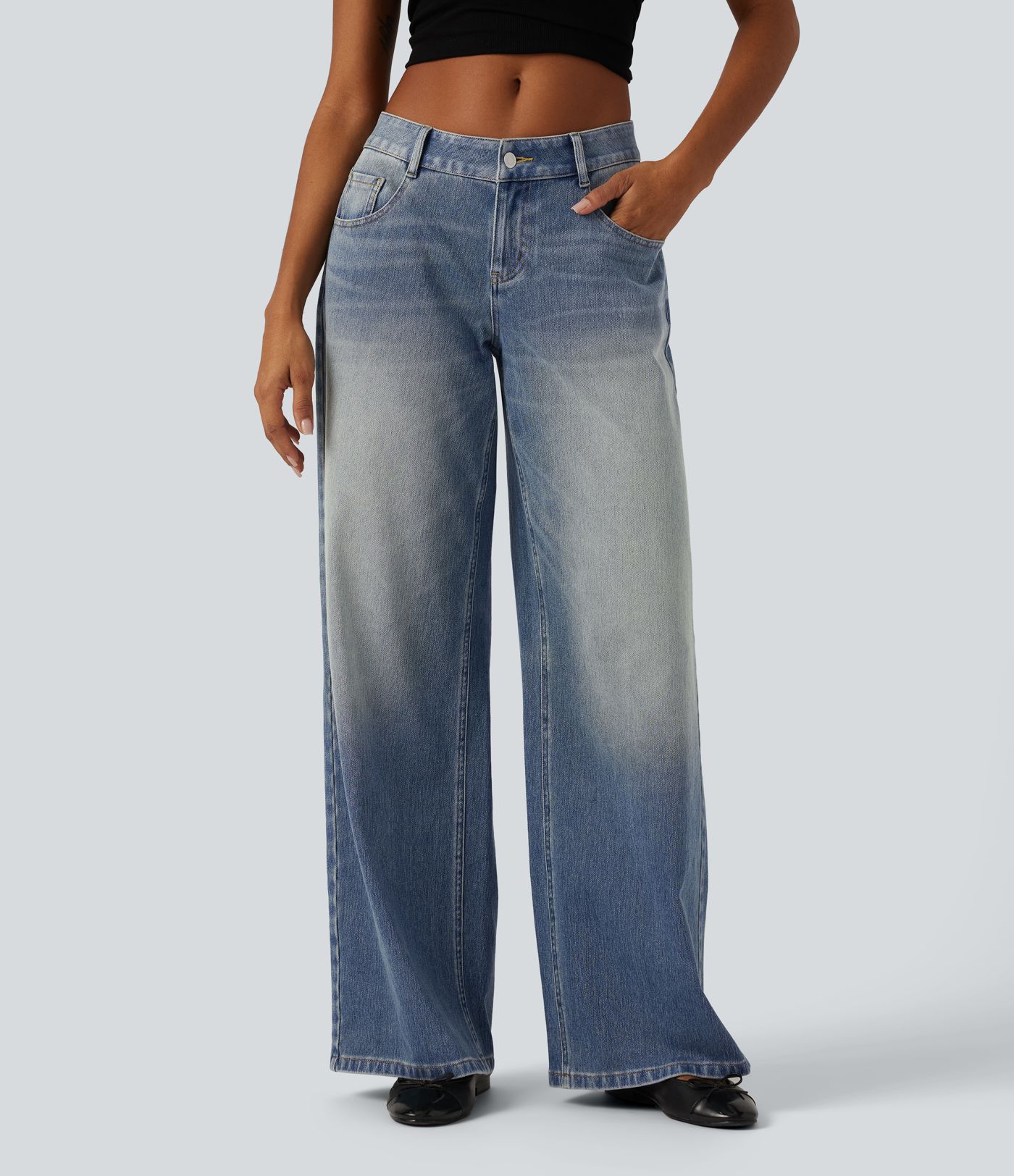Halara Flex™ - Lässige, verwaschene Jeans mit niedrigem Bund, mehreren Taschen und weitem Bein Halara Flex™ - Lässige, verwaschene Jeans mit niedrigem Bund, mehreren Taschen und weitem Bein