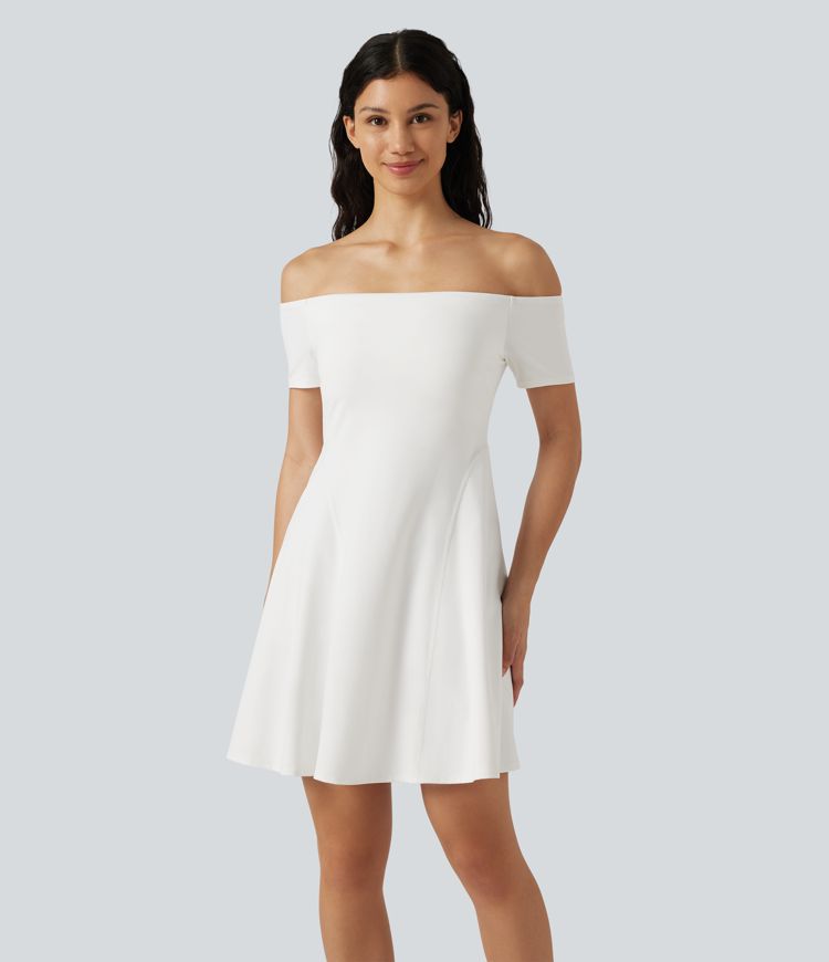 SoftlyZero™ Plush Off Shoulder Short Sleeve Built-in Bra Mini Casual Dress B-DD Cups