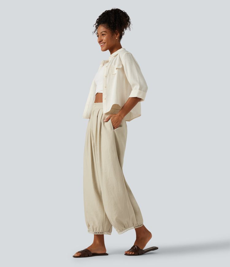 Mid Rise Ladder Trim 7/8 Length Casual Barrel Leg Pants with Pockets