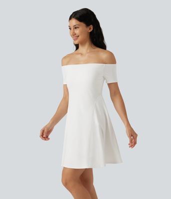 SoftlyZero™ Plush Off Shoulder Short Sleeve Built-in Bra Mini Casual Dress B-DD Cups SoftlyZero™ Plush Off Shoulder Short Sleeve Built-in Bra Mini Casual Dress B-DD Cups