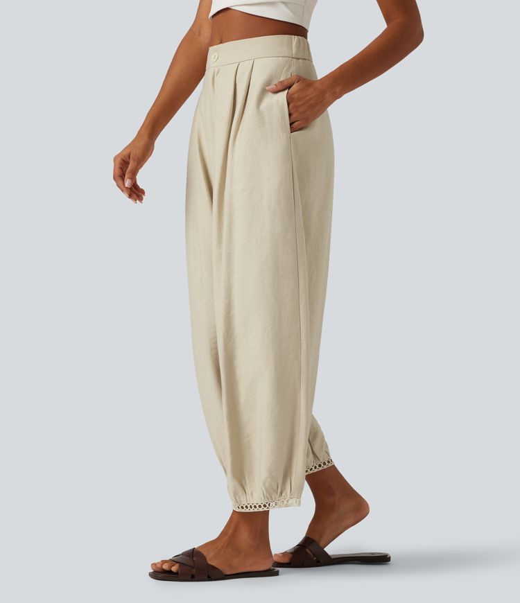 Mid Rise Ladder Trim 7/8 Length Casual Barrel Leg Pants with Pockets