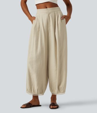 Mid Rise Ladder Trim 7/8 Length Casual Barrel Leg Pants with Pockets