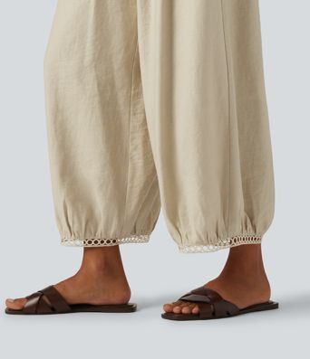 Mid Rise Ladder Trim 7/8 Length Casual Barrel Leg Pants with Pockets