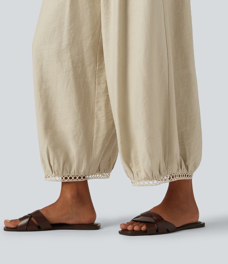 Mid Rise Ladder Trim 7/8 Length Casual Barrel Leg Pants with Pockets