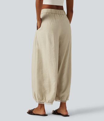Mid Rise Ladder Trim 7/8 Length Casual Barrel Leg Pants with Pockets