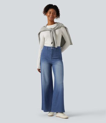 Halara Flex™ - Lässige Jeans mit hohem Bund, Gesäßtaschen, Bauchkontrolle und weitem Bein Halara Flex™ - Lässige Jeans mit hohem Bund, Gesäßtaschen, Bauchkontrolle und weitem Bein