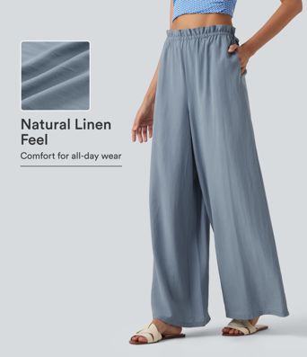 Frill Trim Mid Rise Drawstring Casual Linen-Blend Baggy Flowy Pants with Pockets