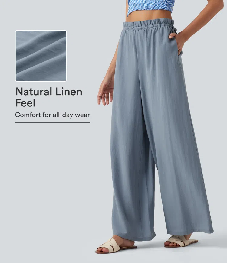 Frill Trim Mid Rise Drawstring Casual Linen-Blend Baggy Flowy Pants with Pockets