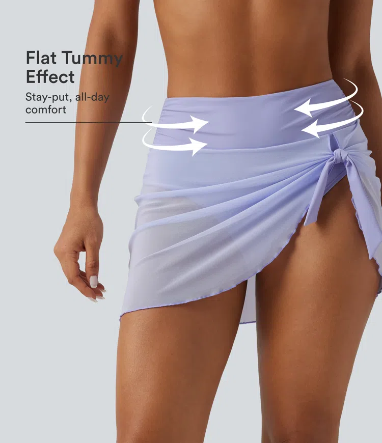 2-in-1 Bikinihose mit Bauchkontrolle und Mesh-Umhang mit asymmetrischem Saum - 7,6 cm