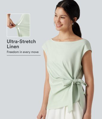 Boat Neck Cap Sleeve Tie-side Casual Linen-Blend Blouse