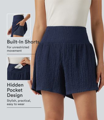 High-waisted 2-in-1 Crinkle Casual Baggy Shorts with Pockets